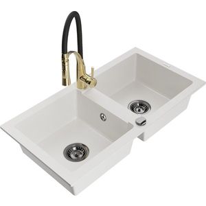 MEXEN/S Mario granitový dřez 2-bowl včetně baterie Aster, bílá 6504-20-73450-57-B obraz