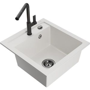 MEXEN/S Vito granitový dřez 1-miska včetně baterie Flora, bílá 6503-20-670401-70-B obraz