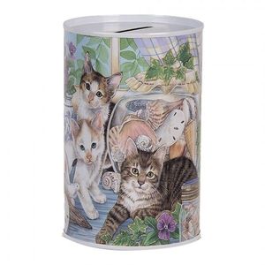 Bílá plechová dóza kasička s kočkami - Ø 8*13 cm 6BL0169 obraz