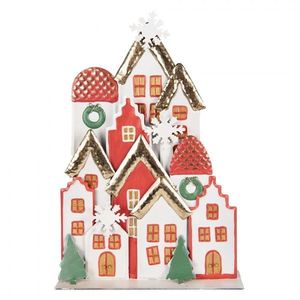 Bílo-červená kovová dekorace domky se sněhovými vločkami - 30*8*46 cm 6Y5863 obraz