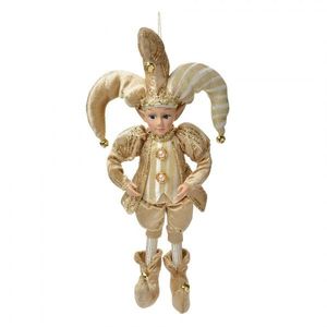 Zlatá závěsná dekorace Elf v šaškovském obleku - 14*10*38 cm 66220 obraz