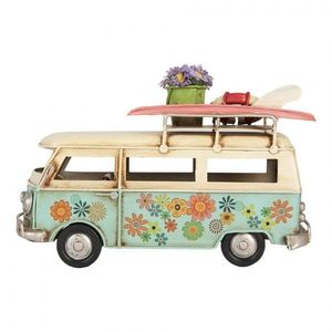 Béžovo-modrý kovový retro model autobus s květy - 17*7*11 cm 6Y5880 obraz
