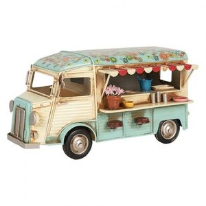 Béžovo-modrý kovový retro model autobus občerstvení s květy - 26*14*14 cm 6Y5877 obraz
