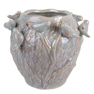 Modrý terakotový obal na květináč zdobený ptáčky - Ø 25*20 cm 6TE0586 obraz