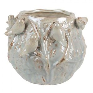 Modrý terakotový obal na květináč zdobený ptáčky - 22*21*17 cm 6TE0587 obraz