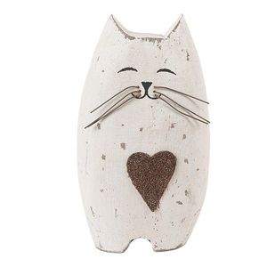 Bílá antik dřevěná dekorace kočička se srdíčkem Rustic Cat L - 8*6*14 cm 6H2435L obraz