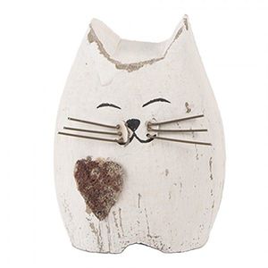 Bílá antik dřevěná dekorace kočička se srdíčkem Rustic Cat S - 6*4*7 cm 6H2435S obraz