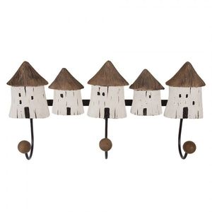 Nástěnný věšák se 3-mi háčky a dřevěnými domečky Rustic - 38*8*19 cm 6H2436 obraz
