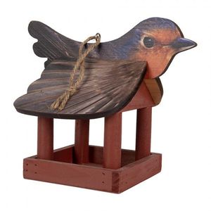 Hnědé dřevěné závěsné krmítko pro ptáčky s dekorem červenky - 17*25*21 cm 6H2455 obraz