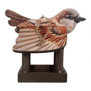 Hnědé dřevěné závěsné krmítko pro ptáčky s dekorem vrabčáka - 17*25*21 cm 6H2456 obraz