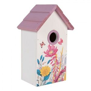 Bílo-fialová dřevěná ptačí budka s květy Birdhouse - 15*10*22 cm 6H2452 obraz