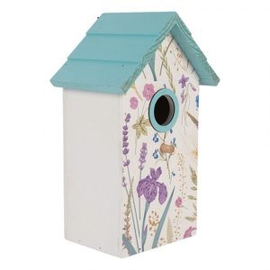 Bílo-modrá dřevěná ptačí budka s květy Birdhouse - 15*10*22 cm 6H2451 obraz