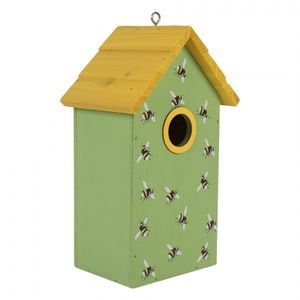 Zeleno-žlutá dřevěná ptačí budka se včelkami Birdhouse - 15*10*22 cm 6H2443 obraz