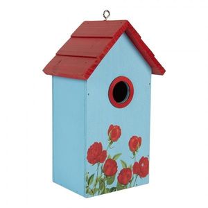 Červeno-modrá dřevěná ptačí budka s růžemi Birdhouse - 15*10*22 cm 6H2447 obraz