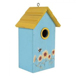 Modro-žlutá dřevěná ptačí budka se slunečnicemi Birdhouse - 15*10*22 cm 6H2448 obraz