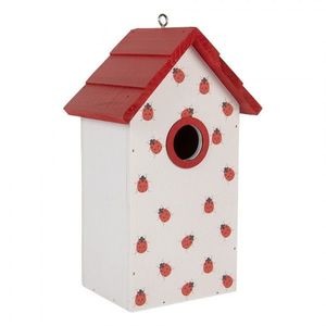 Bílo-červená dřevěná ptačí budka s beruškami Birdhouse - 15*10*22 cm 6H2445 obraz