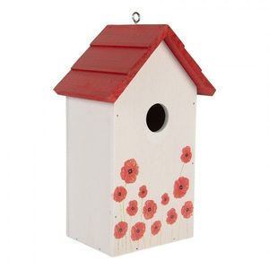 Bílo-červená dřevěná ptačí budka s vlčími máky Birdhouse - 15*10*22 cm 6H2446 obraz
