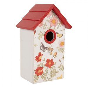 Bílo-červená dřevěná ptačí budka s květy Birdhouse - 15*10*22 cm 6H2450 obraz