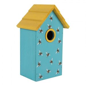 Modro-žlutá dřevěná ptačí budka se včelkami Birdhouse - 15*10*22 cm 6H2444 obraz