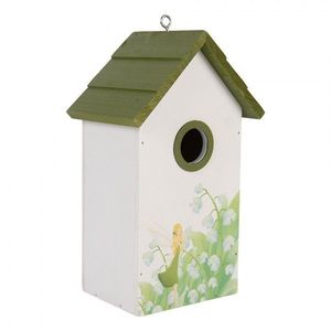 Zeleno-bílá dřevěná ptačí budka s konvalinkami Birdhouse - 15*10*22 cm 6H2449 obraz