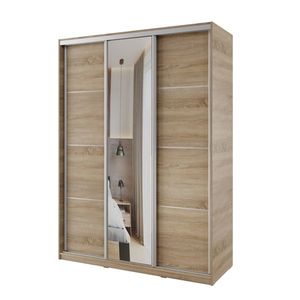 Šatní skříň NEJBY BARNABA 150 cm s posuvnými dveřmi, zrcadlem, 4 šuplíky, 2 šatními tyčemi, dub sonoma obraz