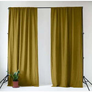 Okrově žlutý/zelený lněný závěs 140x250 cm Moss Green – Linen Tales obraz