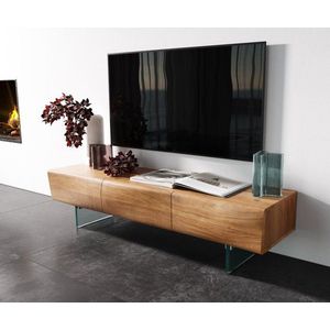 Lowboard New Live-Edge 145 cm přírodní akácie 3 dvířka skleněný obraz