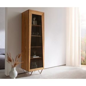 Skříň Kayu 55x180 cm přírodní akácie vitrína 1 dvířka podnož ve obraz
