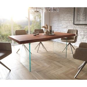 Jídelní stůl Edge 180x90 cm XL akácie hnědá skleněná podnož obraz