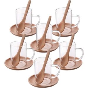 Sada 6 skleněných šálků s dřevěnými podšálky a lžičkami Silvan 200 ml obraz