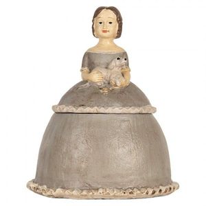 Béžová antik šperkovnice dívka v šedých šatech držící psíka - 19*16*22 cm 6PR5547 obraz