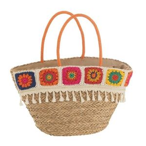 Plážový košík s háčkovaným květovaným okrajem Croche - 59*18*30 cm 51726 obraz