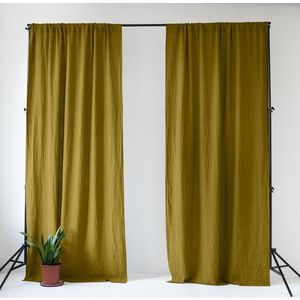 Okrově žlutý/zelený lněný závěs 140x200 cm Moss Green – Linen Tales obraz