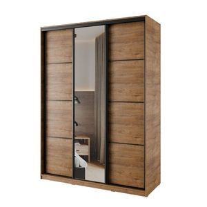 Šatní skříň NEJBY BARNABA 150 cm s posuvnými dveřmi, zrcadlem, 4 šuplíky a 2 šatními tyčemi, dub lefkas obraz