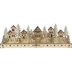 Vánoční svítící vesnička, 15 LED, 45 x 5, 8 x 15 cm, přírodní, dřevo obraz