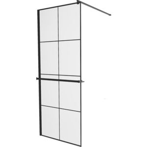 MEXEN/S KIOTO Sprchová zástěna WALK-IN s poličkou a držákem ručníků 70 x 200, transparent/černá 8 mm, černá 800-070-121-70-77 obraz