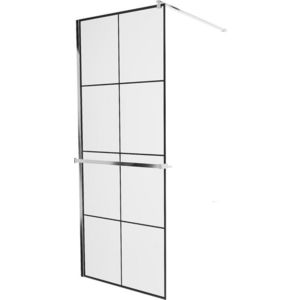 MEXEN/S KIOTO Sprchová zástěna WALK-IN s poličkou a držákem ručníků 80 x 200, transparent/černá 8 mm, chrom 800-080-121-01-77 obraz