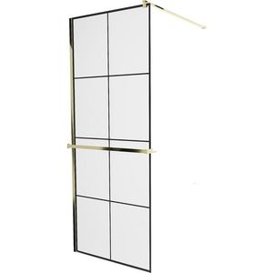 MEXEN/S KIOTO Sprchová zástěna WALK-IN s poličkou a držákem ručníků 70 x 200, transparent/černá 8 mm, zlatá 800-070-121-50-77 obraz