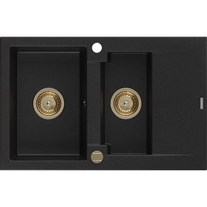 MEXEN/S Gaspar granitový dřez 1.5 s odkapávačem 737 x 475 mm, černý, zlatý sifon 6507731505-77-G obraz