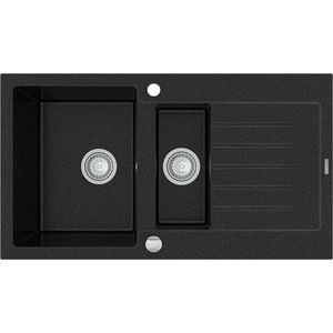 MEXEN Matias žula dřez 1, 5-mísa dřez s vypouštěním krátký odkapávač 900x505 mm, černá / stříbrná metalíza 6502901505-73 obraz