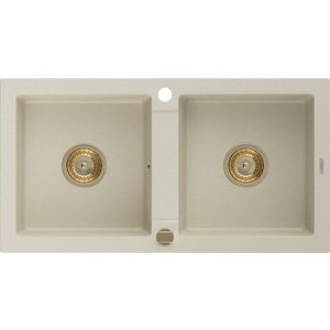 MEXEN/S Mario granitový dřez 2-bowl 820x436 mm, béžová, + zlatý sifon 6504822000-69-G obraz