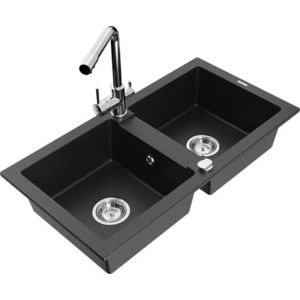 MEXEN/S Mario granitový dřez 2-bowl včetně baterie Duero, černá/stříbrná metalik 6504-73-671600-00 obraz