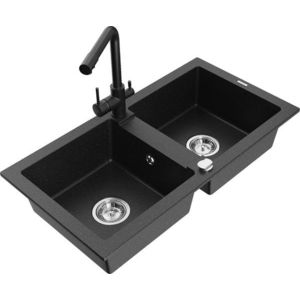 MEXEN/S Mario granitový dřez 2-bowl včetně baterie Duero, černá/stříbrná metalik 6504-73-671600-70 obraz