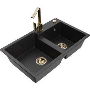 MEXEN/S Tomas granitový dřez 2-bowl včetně baterie Rita, černá/stříbrná metalik 6516-73-670300-50 obraz