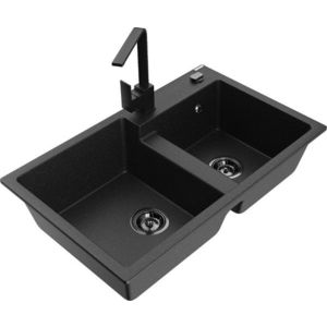 MEXEN/S Tomas granitový dřez 2-bowl včetně baterie Rita, černá/stříbrná metalik 6516-73-670300-70-B obraz