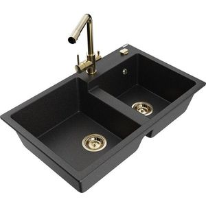 MEXEN/S Tomas granitový dřez 2-bowl včetně baterie Duero, černá/srebrny metalik 6516-73-671600-50 obraz