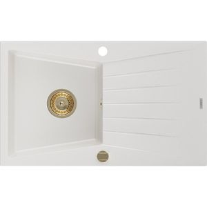 MEXEN/S Cesar granitový dřez 1 s odkapávačem 775x470 mm, bílá, + zlatý sifon 6514771010-20-G obraz