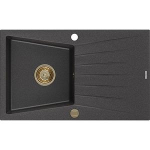 MEXEN/S Cesar granitový dřez 1 s odkapávačem 775x470 mm, černá kropenatá, + zlatý sifon 6514771010-76-G obraz