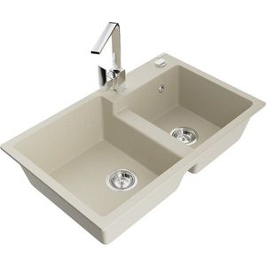 MEXEN/S Tomas granitový dřez 2-bowl včetně baterie Rita, béžová 6516-69-670300-00 obraz