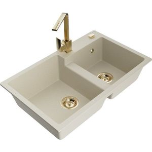 MEXEN/S Tomas granitový dřez 2-bowl včetně baterie Rita, béžová 6516-69-670300-50 obraz